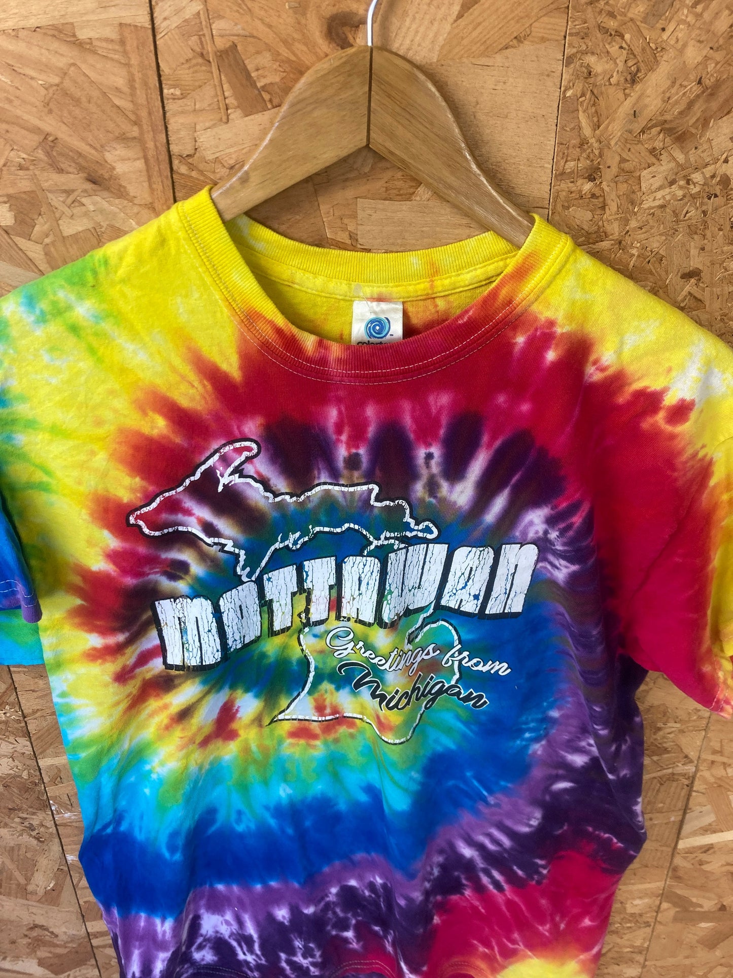 Vintage 90s Greetings from Mattowan Michigan USA rainbow tie dye souvenir festival t-shirt size medium