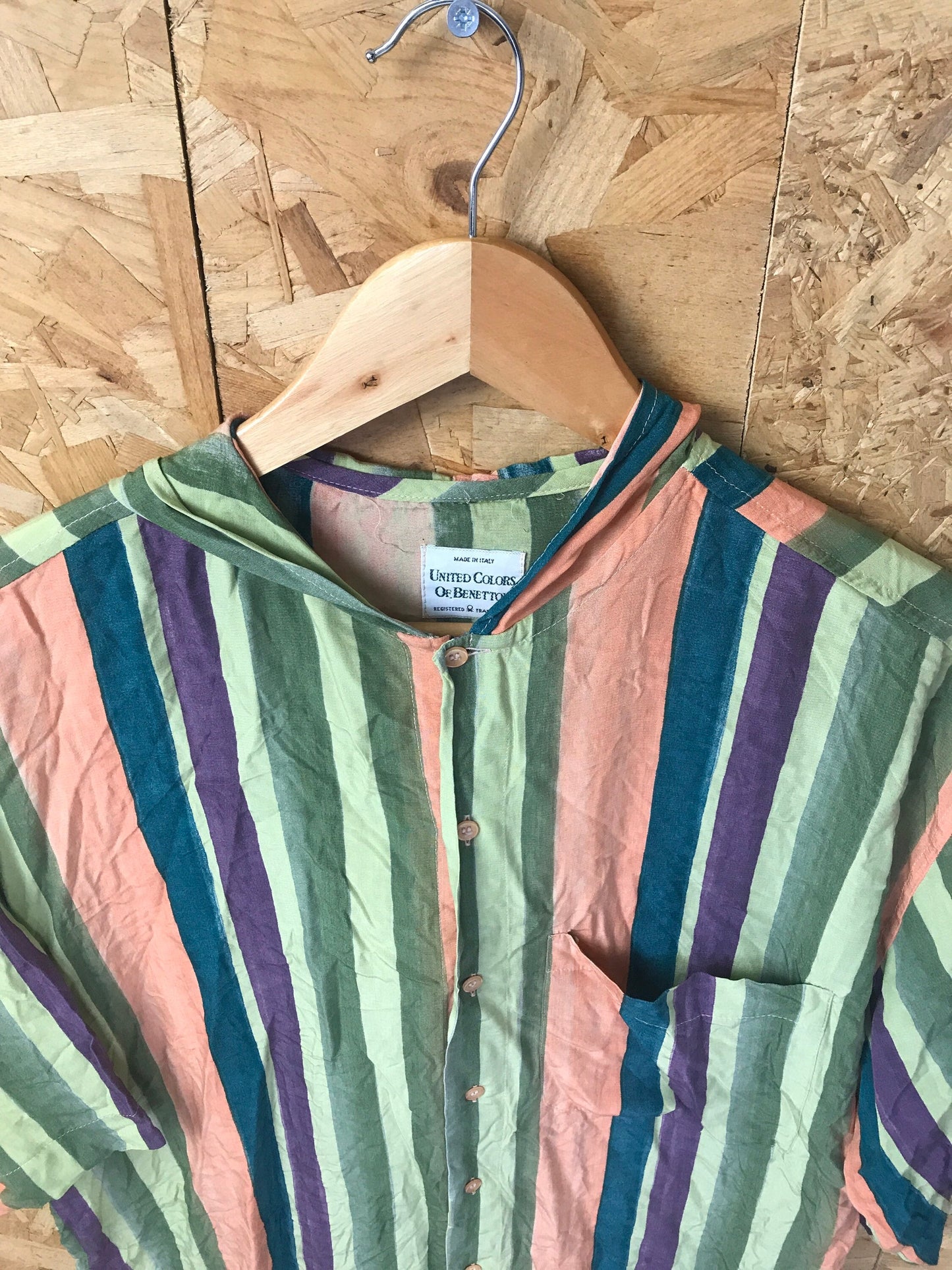 Vintage 90s United Colours of Benetton green orange purple striped short sleeve hooded rayon shirt size large