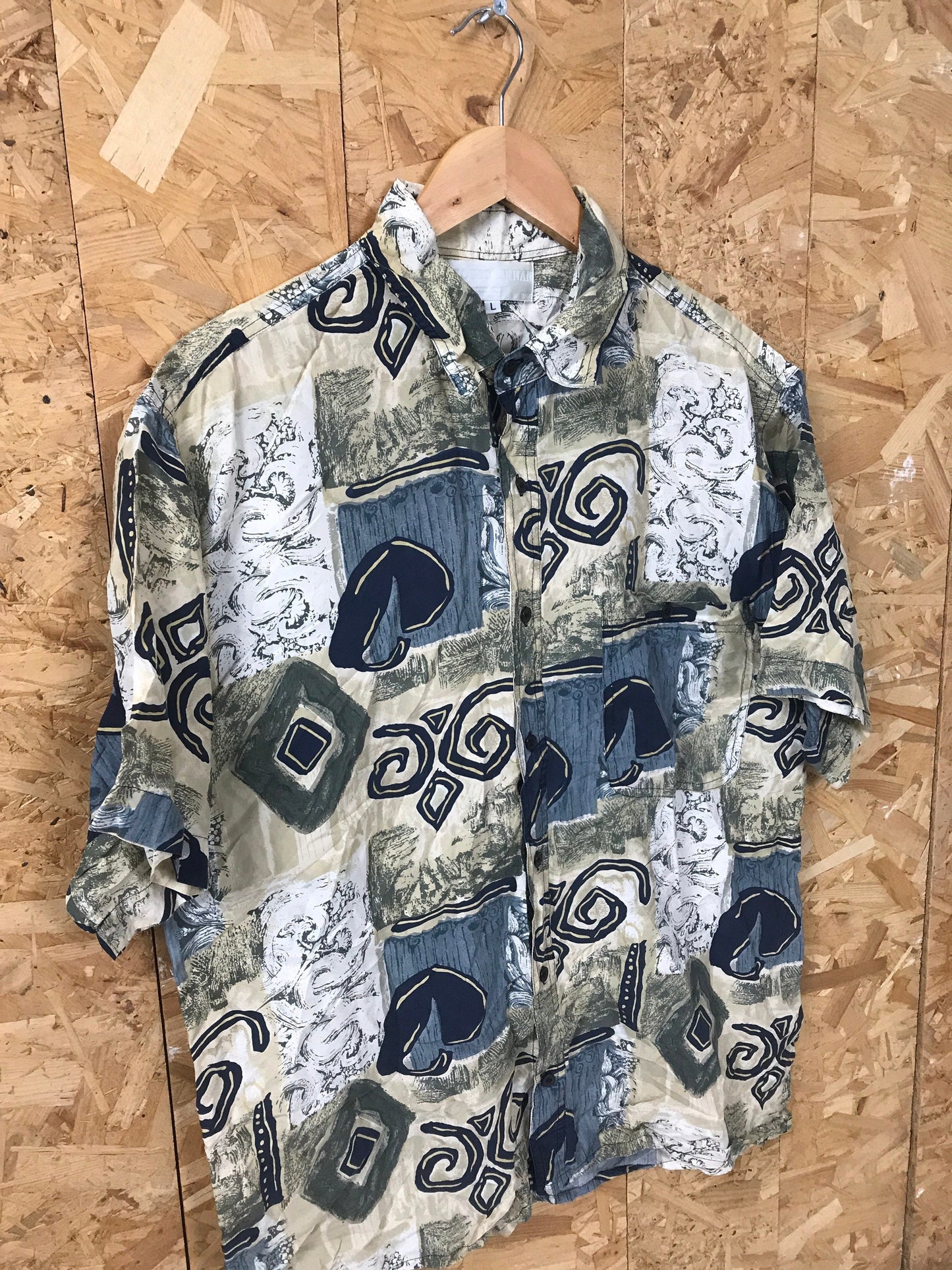 Vintage 90s men’s ugly abstract scrapbook pattern 100% silk beige, grey grungy navy blue green festival short sleeve shirt size large