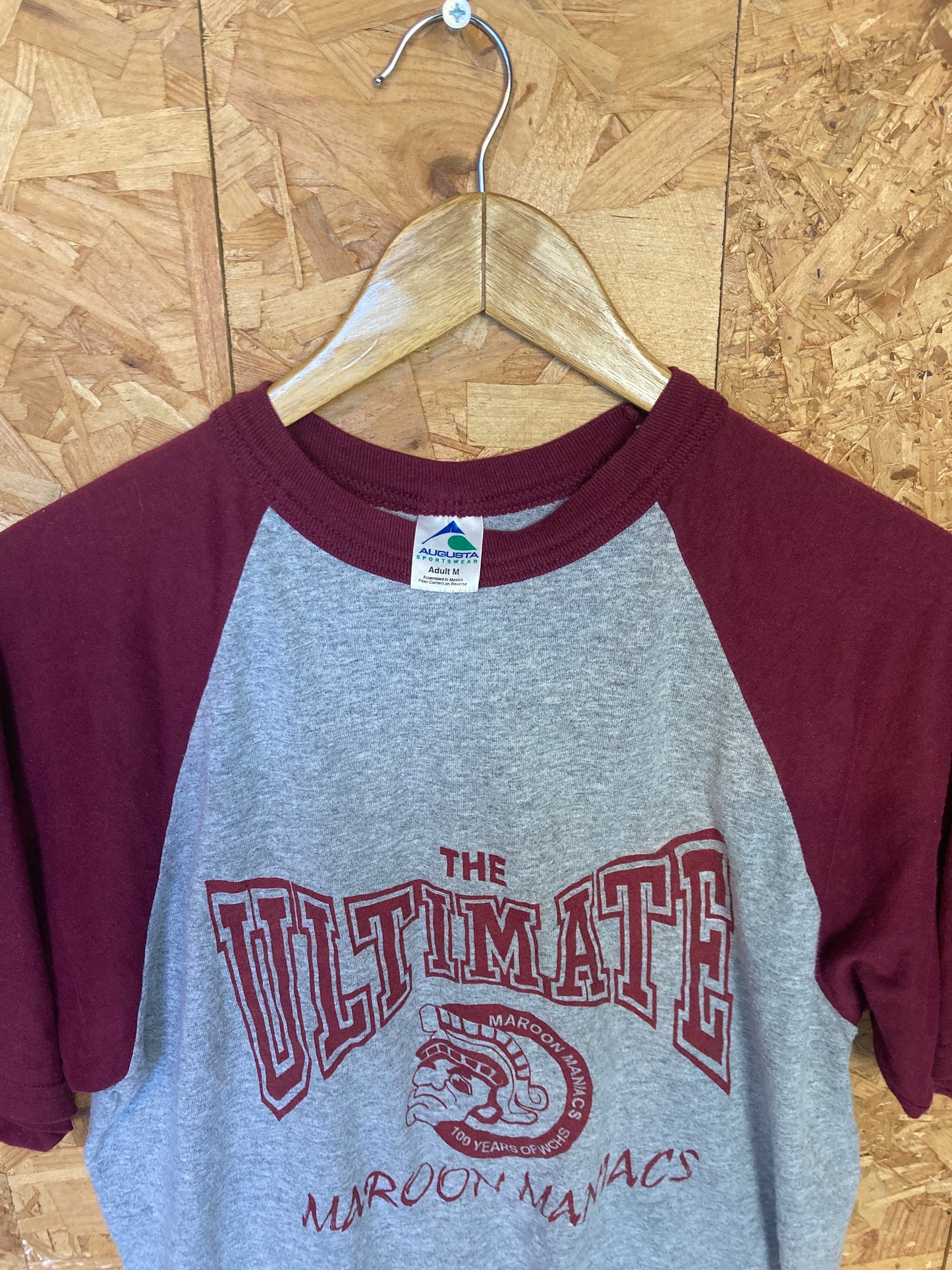 Vintage 90s Snazzy Jazzy ‘14 maroon maniacs USA souvenir college grey burgundy baseball t shirt size medium