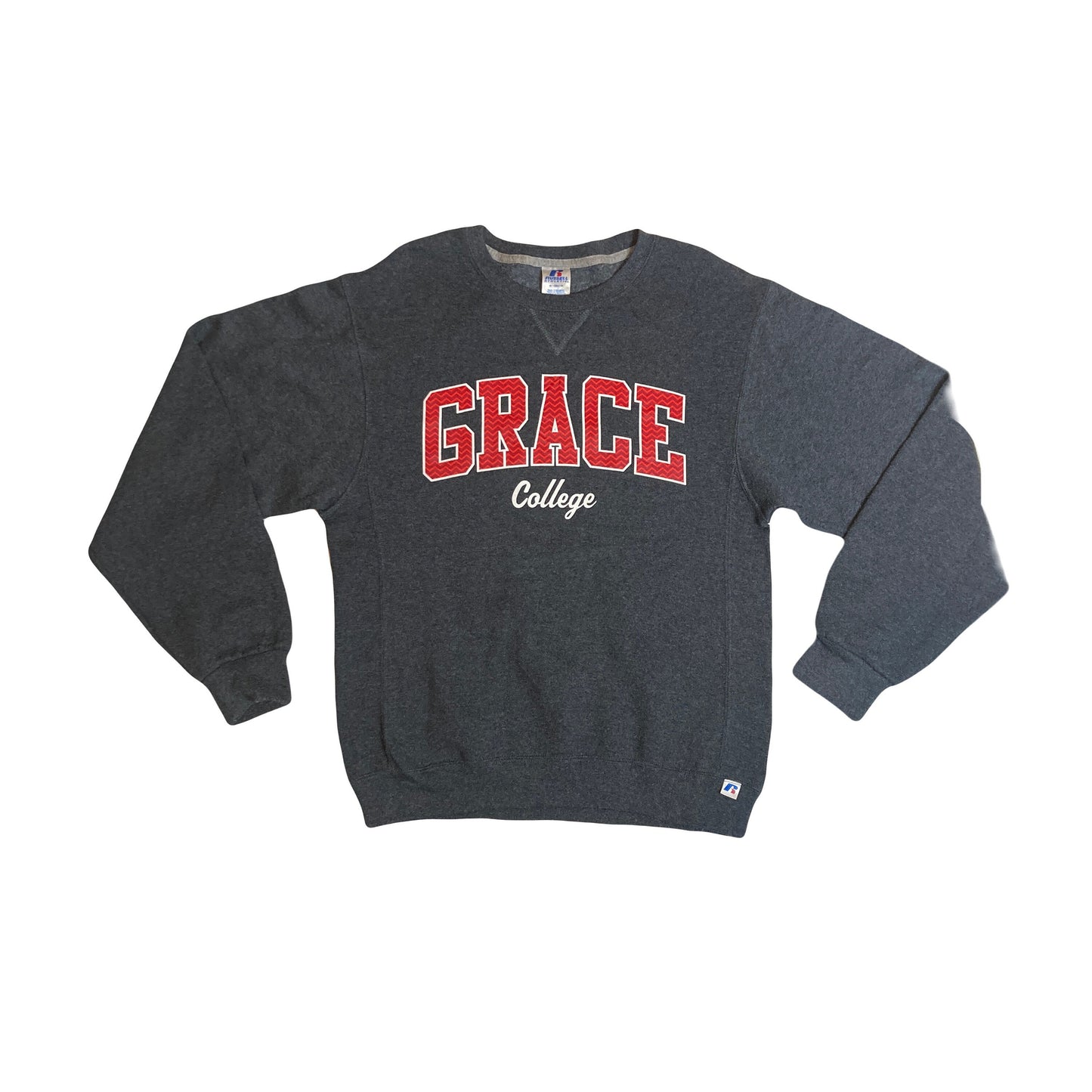 Vintage 90s Grace College grey red crew neck sweater size small by Russel Athletic