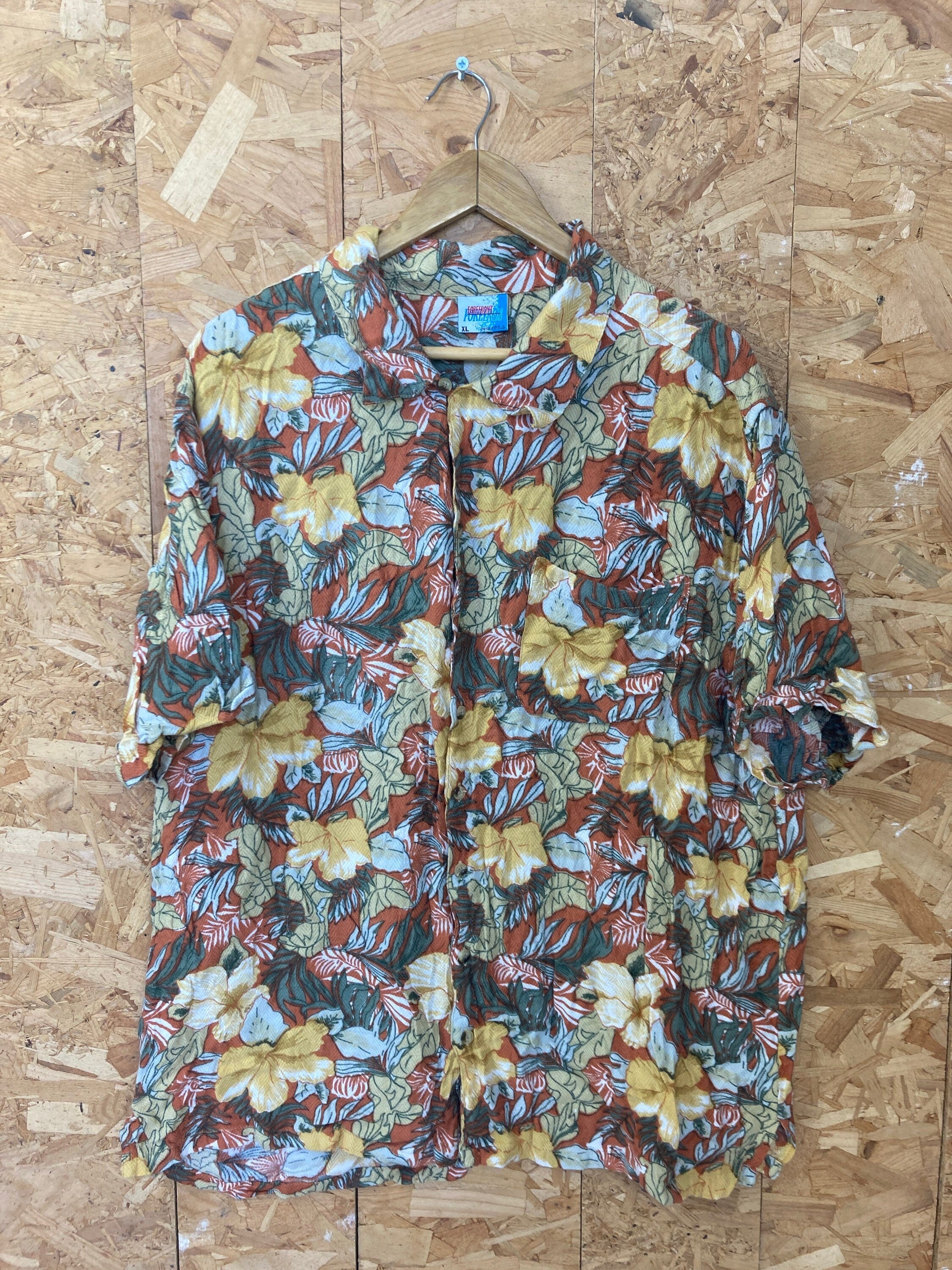 Vintage 80s yellow orange green hibiscus floral palm Hawaiian party beach rayon shirt size XL