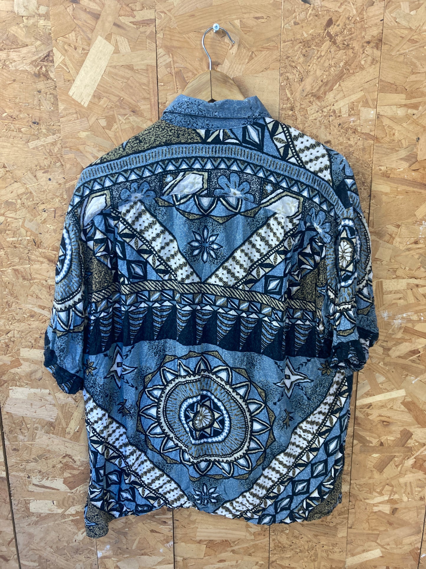 Vintage 90s blue white ethnic tribal pattern Hawaiian shirt size large