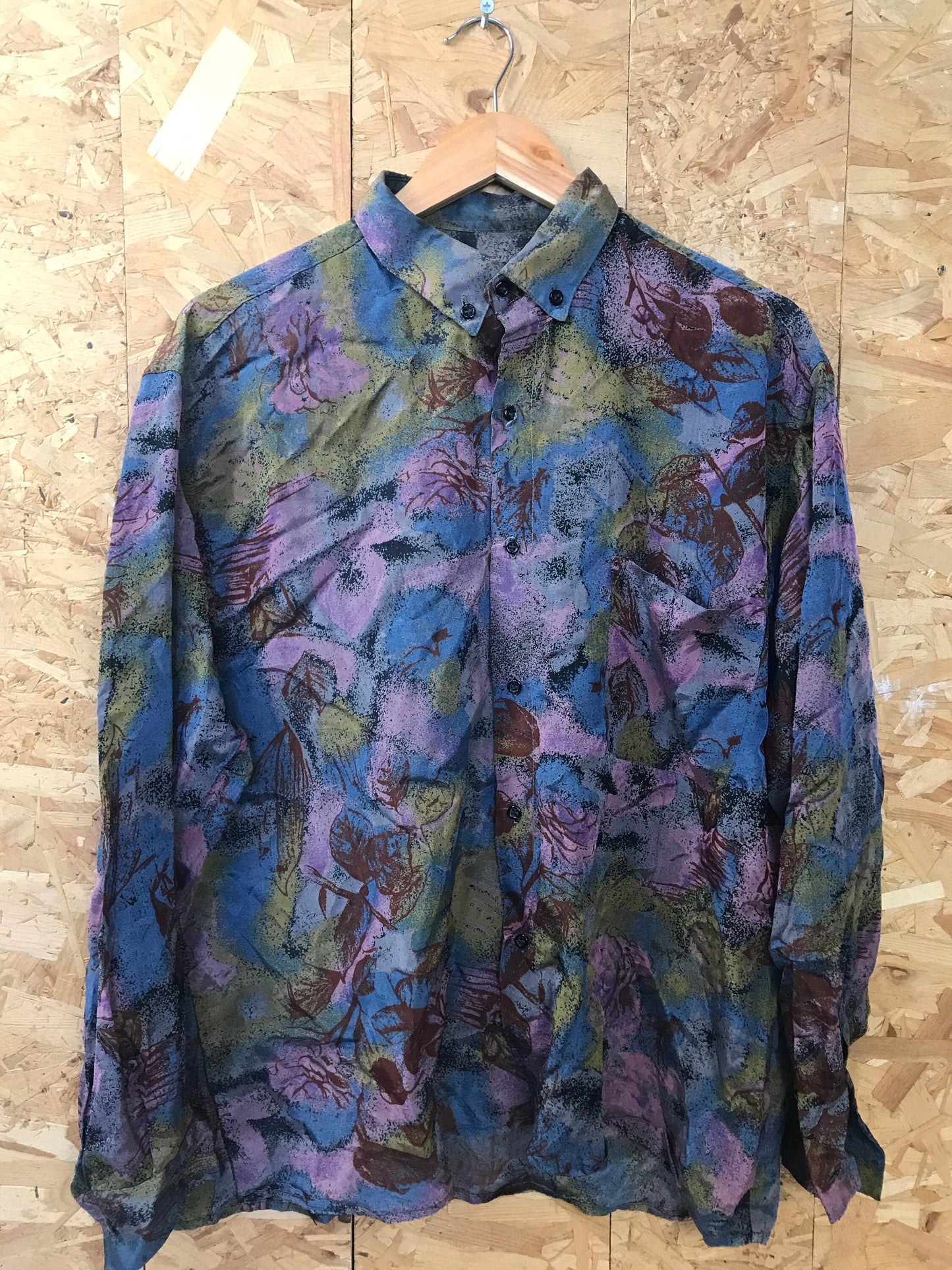 Vintage 90s purple olive blue grungy abstract pattern ugly long sleeve shirt size large